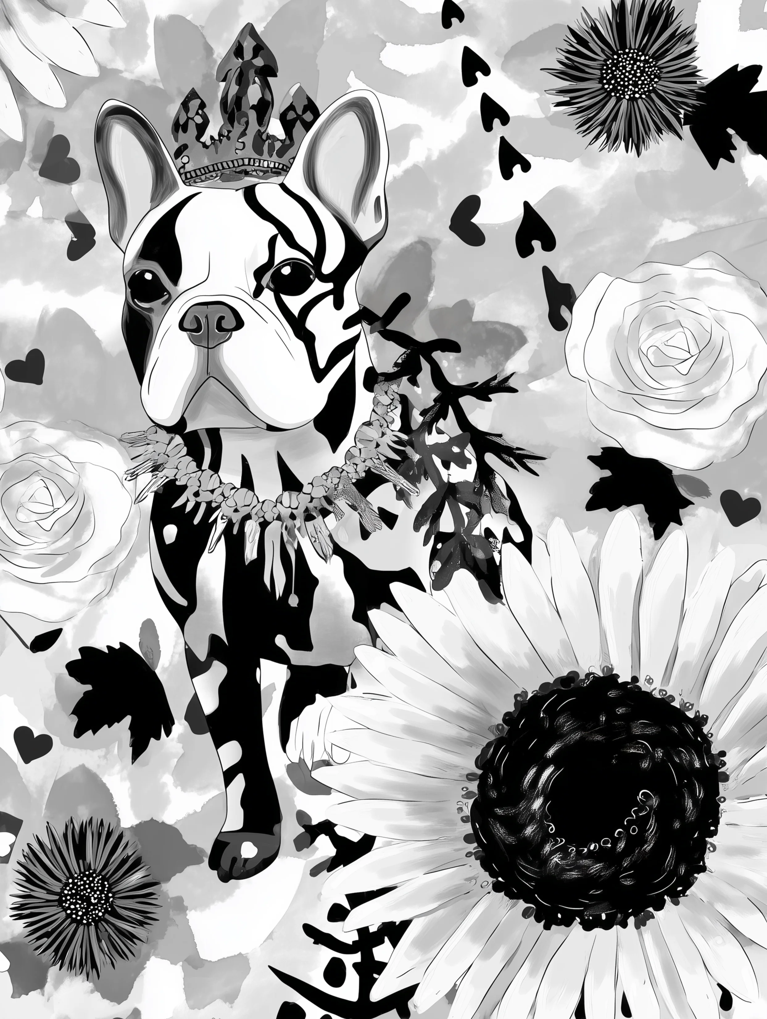 Free printable french bulldog coloring page featuring a sunflower and royal frenchie